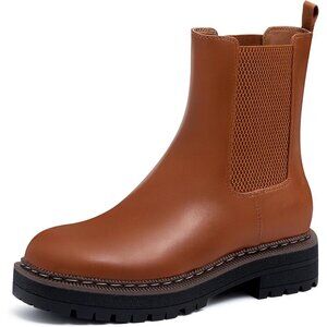 Athlefit Women Brown Chelsea Wedge Platform Slip on Lug Sole Elastic Ankle Boot